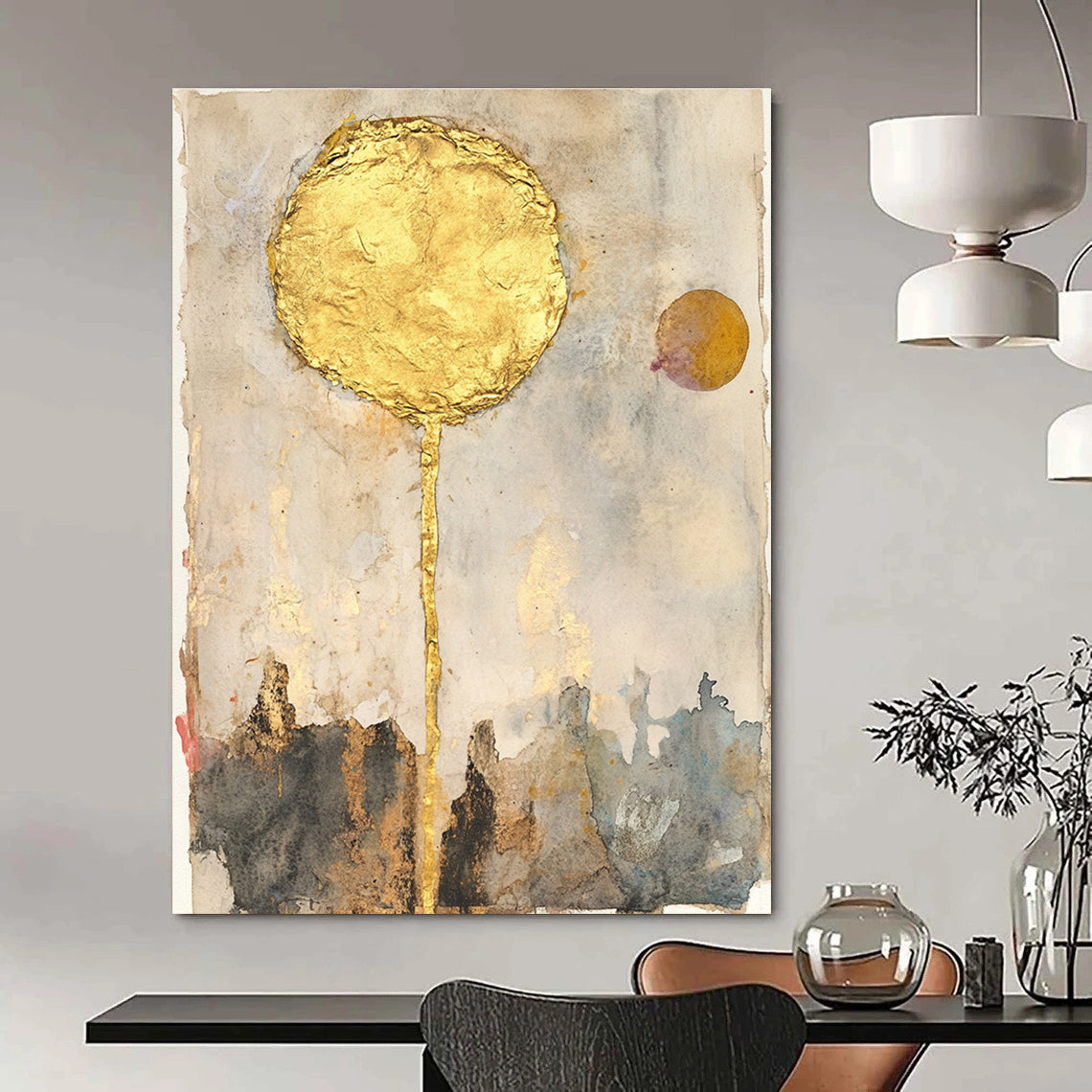 Abstract artwork featuring watercolor sun with gold leaf mixed media collage vintage papers and neutral tones inspired by John Bauer.STSC1461