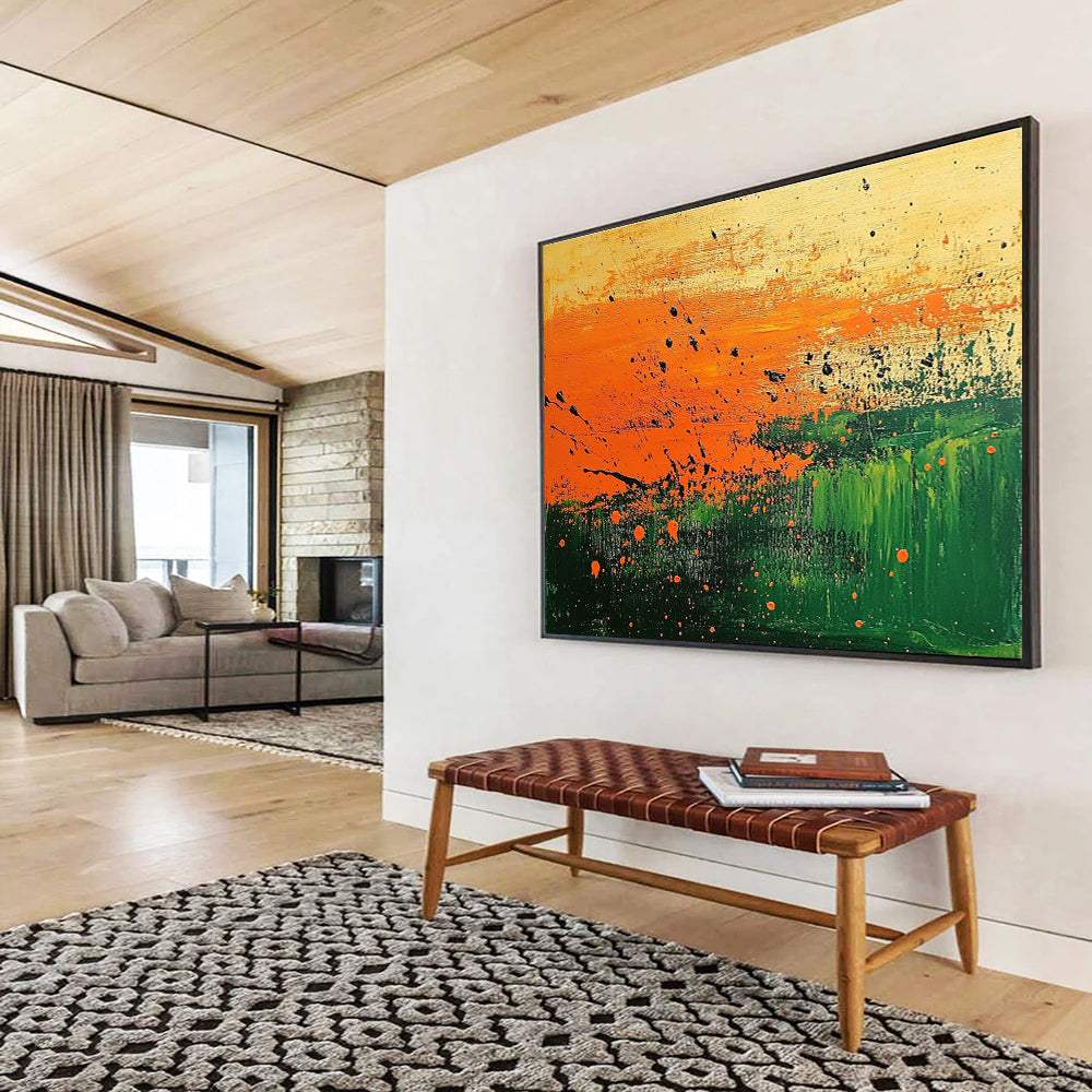 Orange and Green Splatter Abstract Painting with Dynamic Textures DYP250