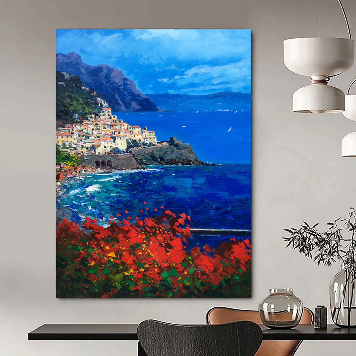 Coastal Village Abstract Painting with Blue and Red Tones ADGE533