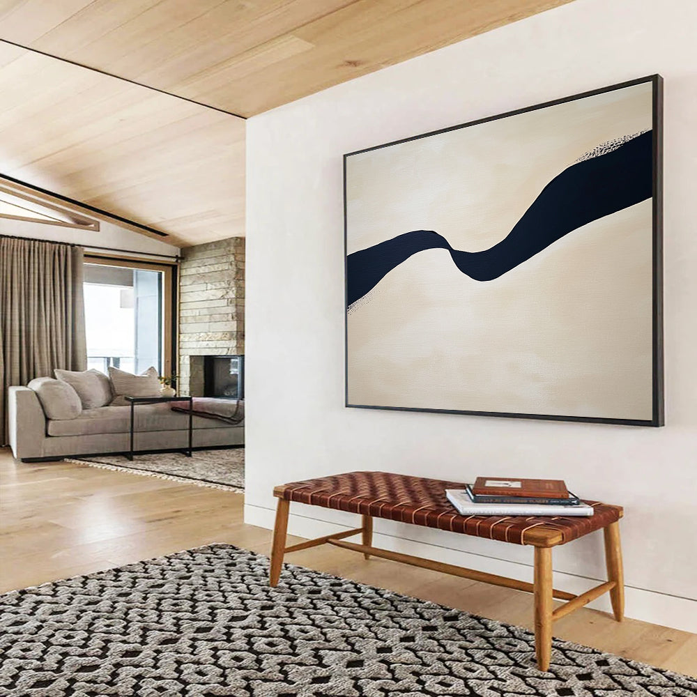 Wavy Black Line on Beige Abstract Painting with Subtle Details DYP585