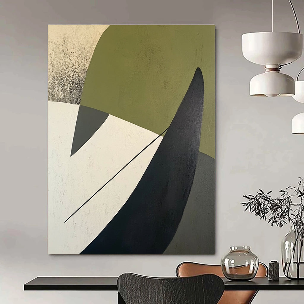 A large abstract painting featuring green white and black shapes on a beige background with a dark gray arrow-like line on the left side.STSC684