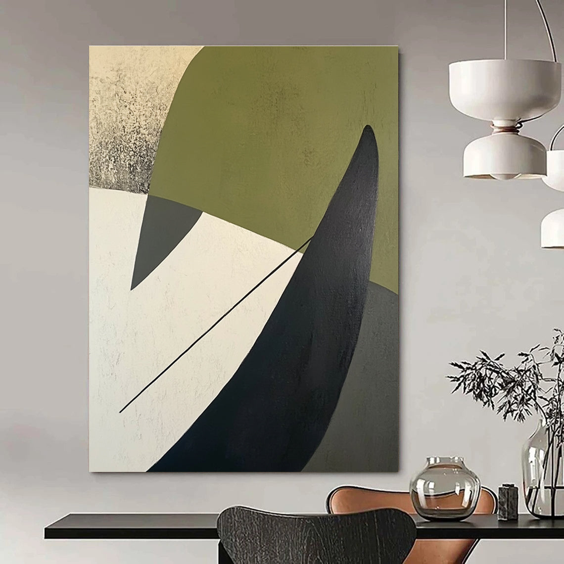 A large abstract painting featuring green white and black shapes on a beige background with a dark gray arrow-like line on the left side.STSC684