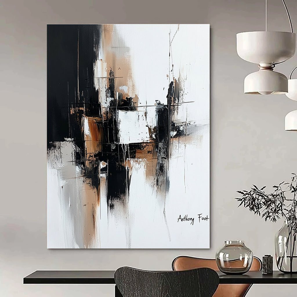 Large abstract painting with architectural lines in black and brown on white background by Anthony Foot featuring atmospheric brushstrokes and deconstructed minimalism.STSC1356