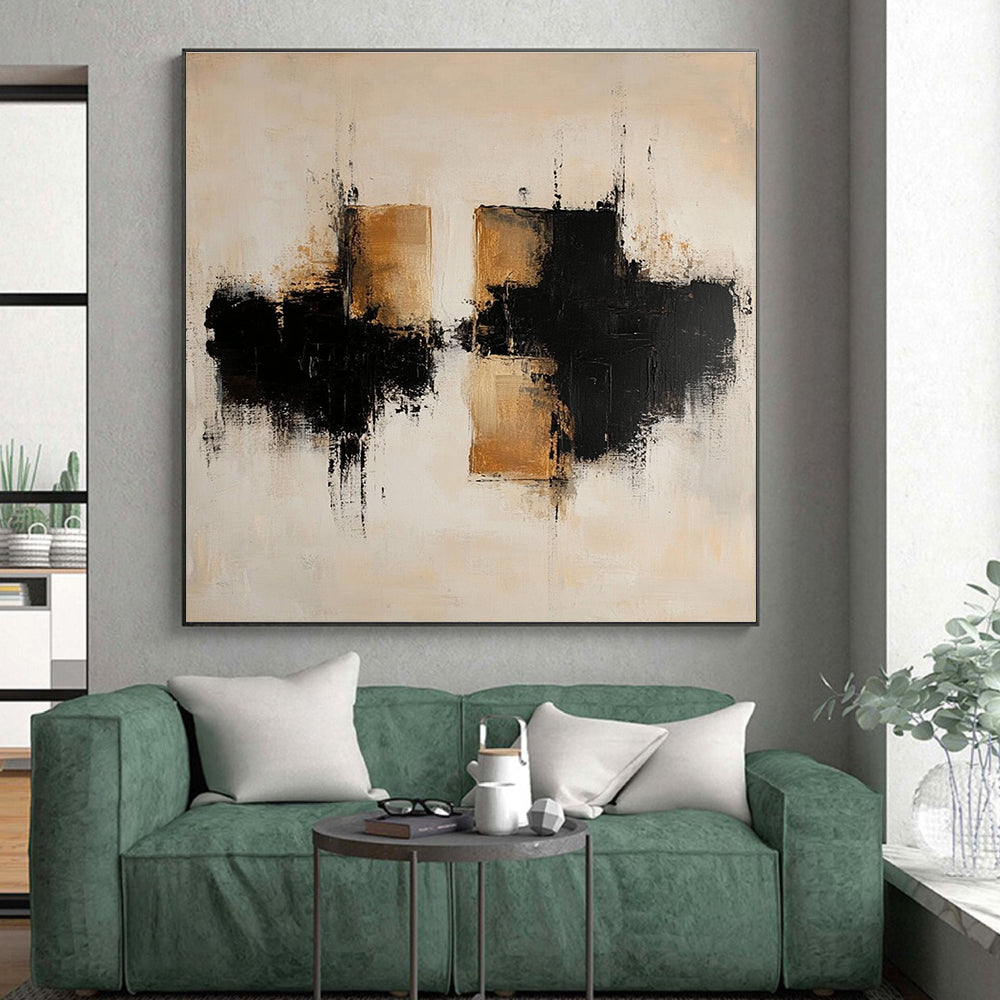 Beige Black Reflective Abstract Painting with Textured Layers GER775