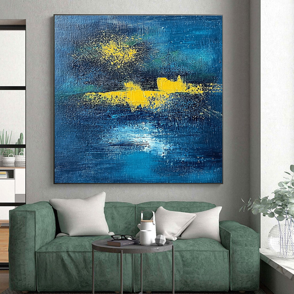Dark Blue and Yellow Abstract Painting with Ethereal Glows GER394
