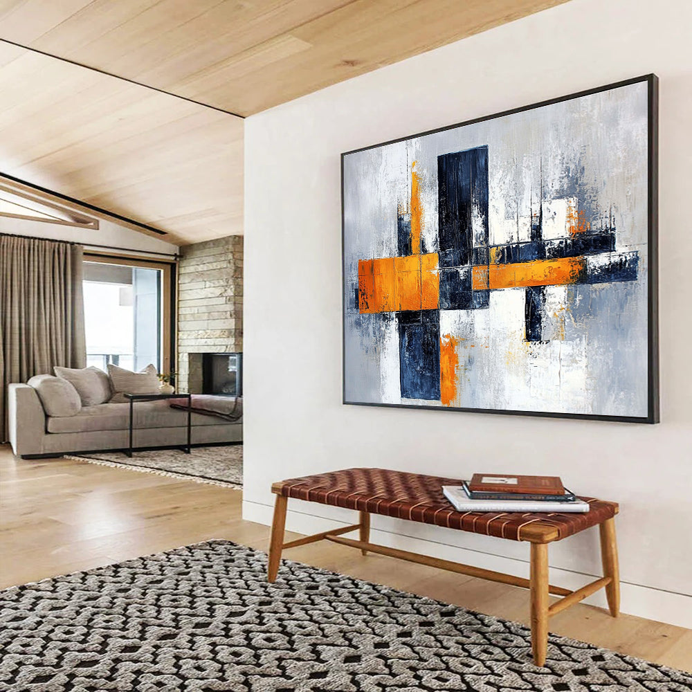 Gray Orange and Black Geometric Abstract Painting with Dynamic Composition DYP259