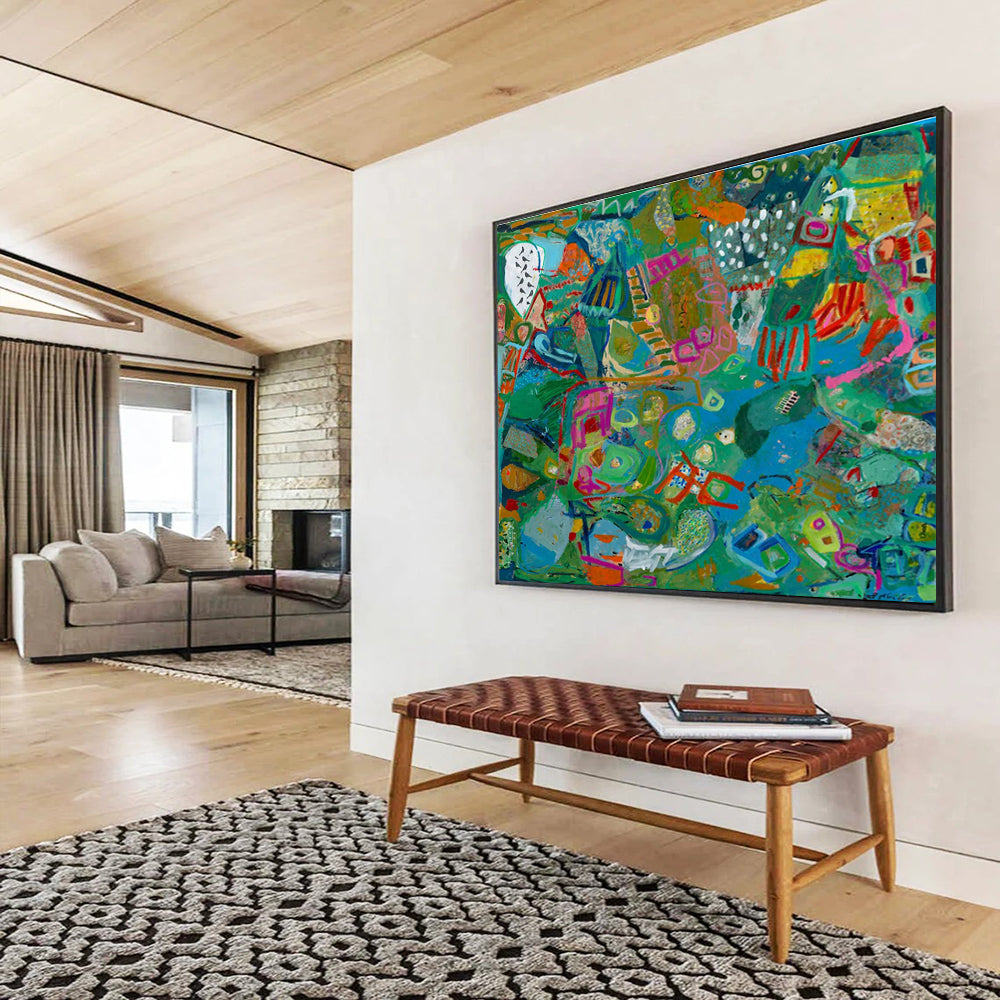 Vibrant Geometric Abstract Painting with Green, Blue, and Pink Tones THY235