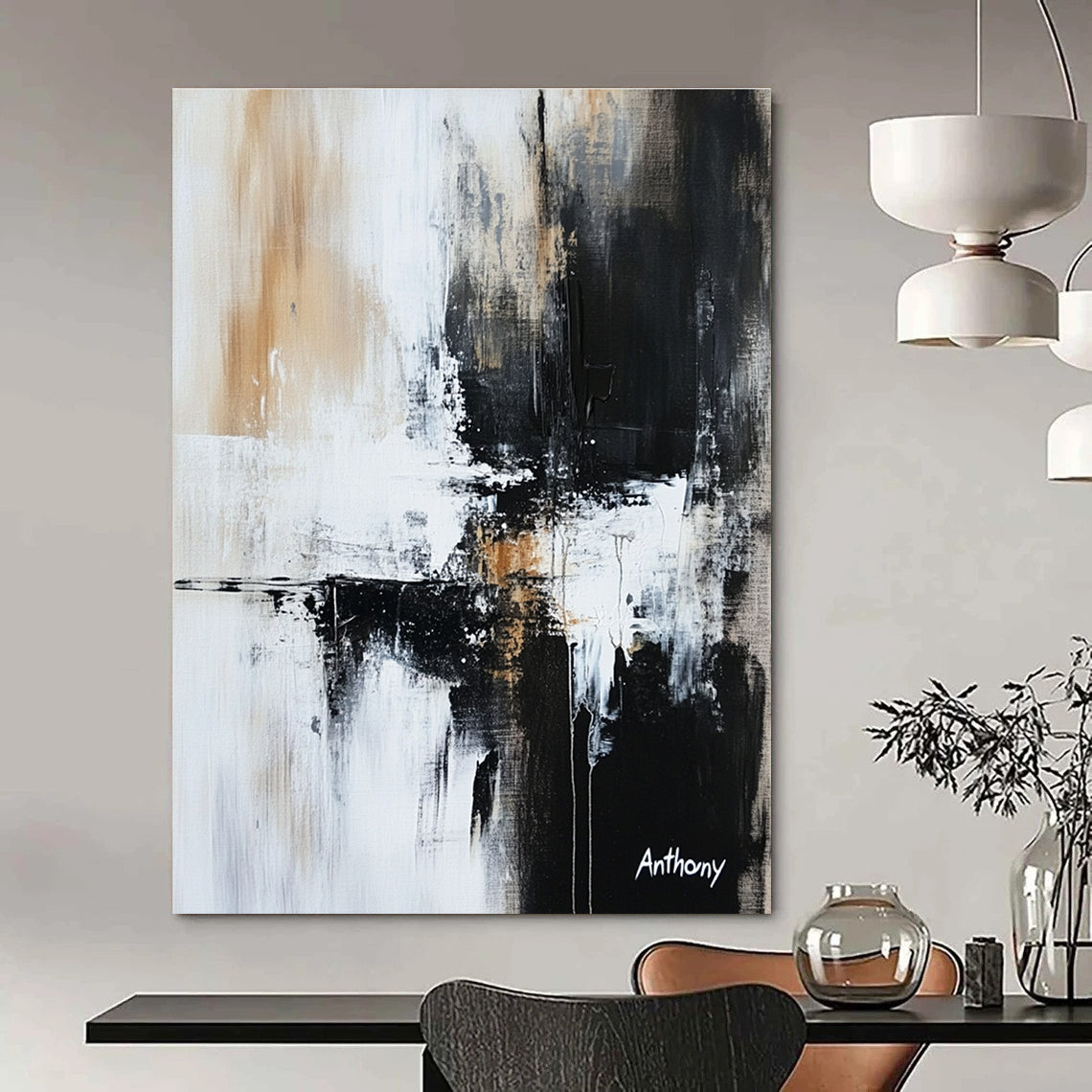 Large abstract painting in black white and gray featuring textured brush strokes and ink spots evoking contemplation and introspection.STSC741