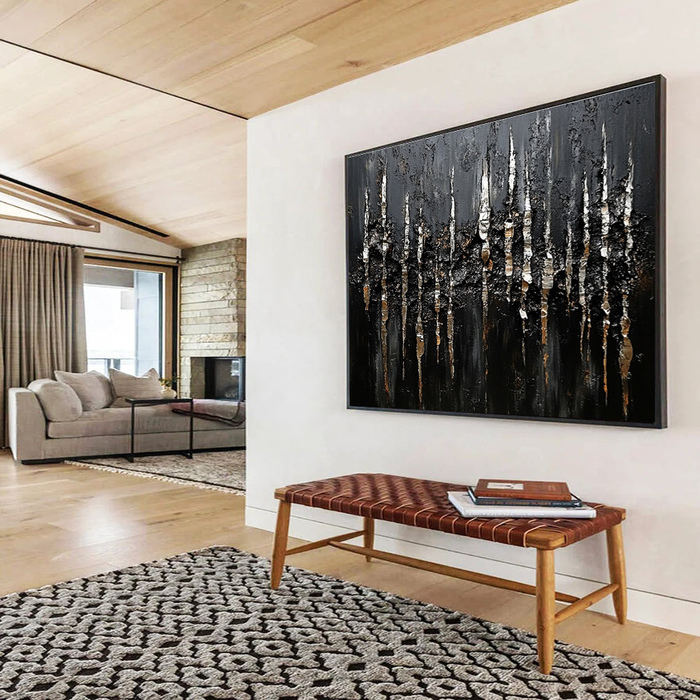 Black and Silver Textured Abstract Painting with Dripping Effects DYP180