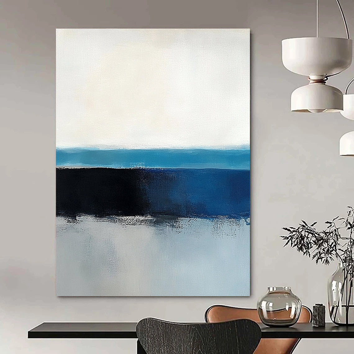 Large abstract painting of the ocean horizon featuring blue and gray tones in a minimalist style with neutral colors.STSC342