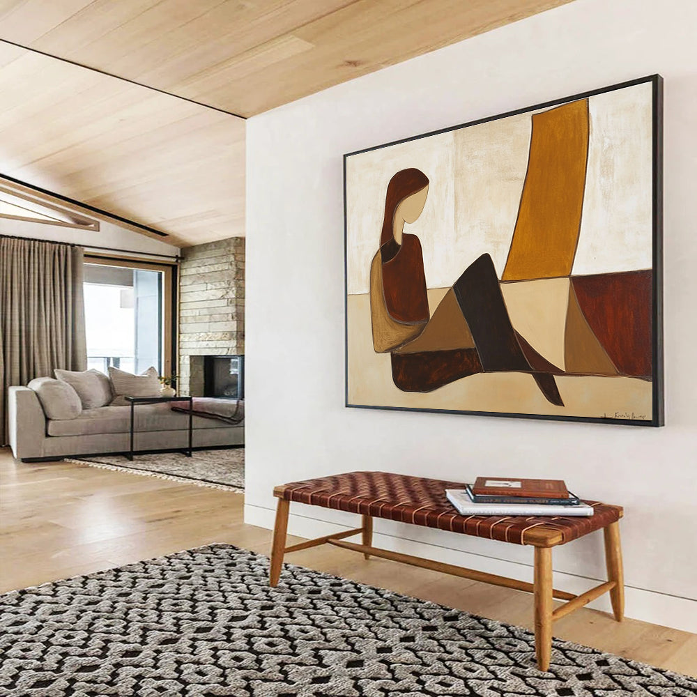 Large abstract painting featuring a woman on the floor in brown and beige hues with simple shapes inspired by Jean Fautrier.SC345