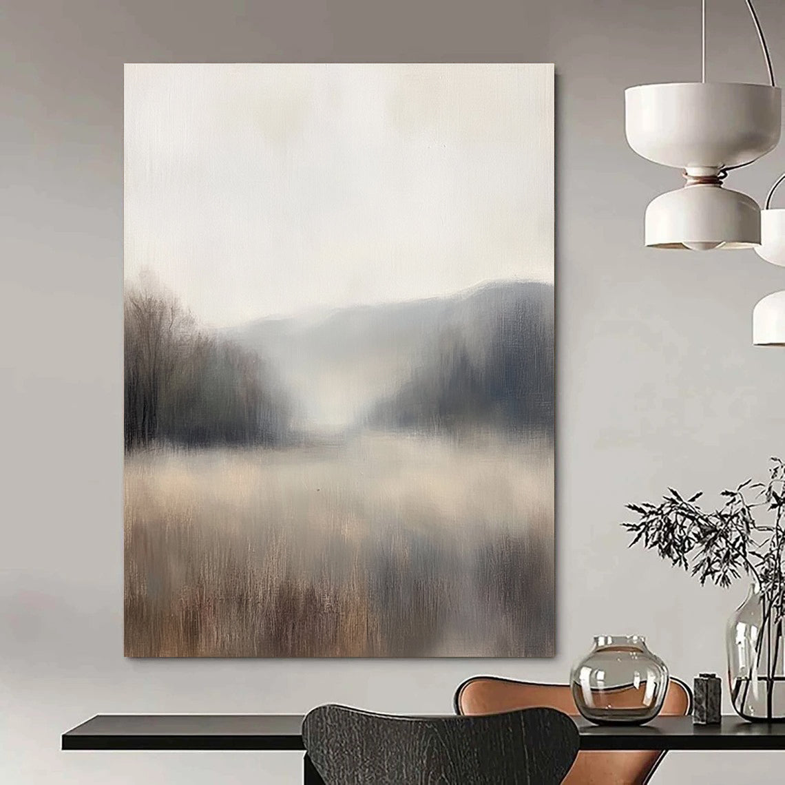Large abstract painting of a misty landscape with muted neutral colors and soft focus that enhances a minimalist aesthetic.STSC869