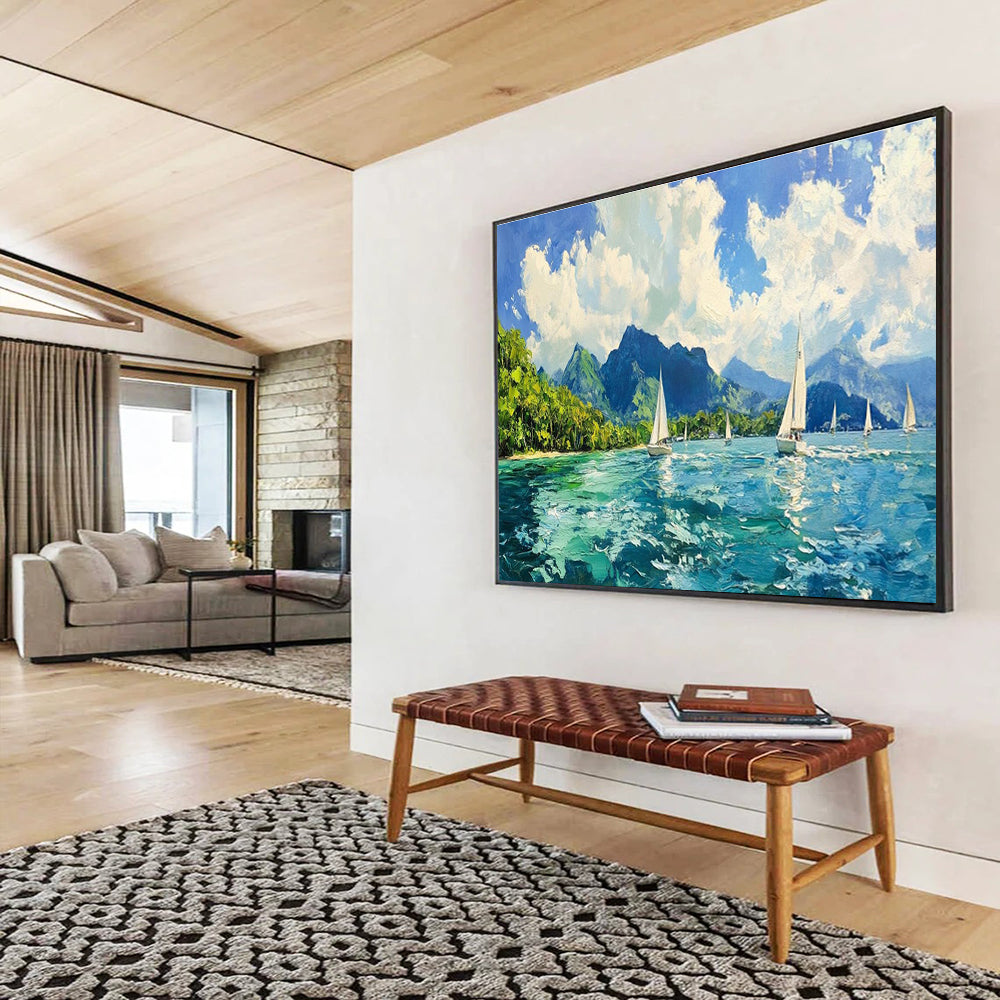 Sailing Bay Abstract Painting with Bright, Coastal Energy THY413