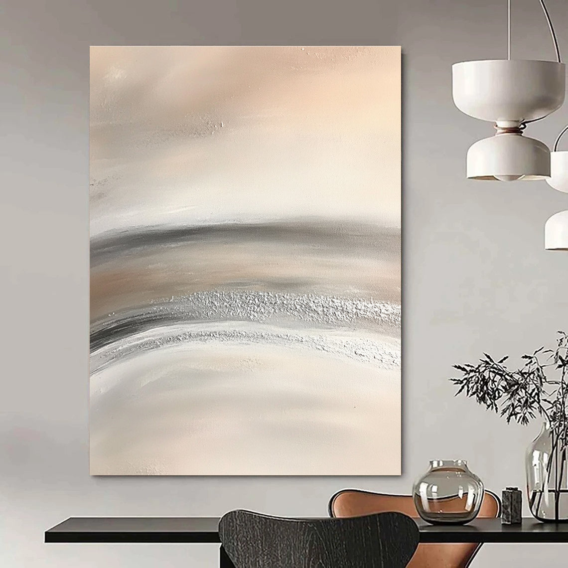 Abstract painting featuring soft gray and white striped desert sand with silver dust conveying serenity and tranquility through minimalist design.STSC949