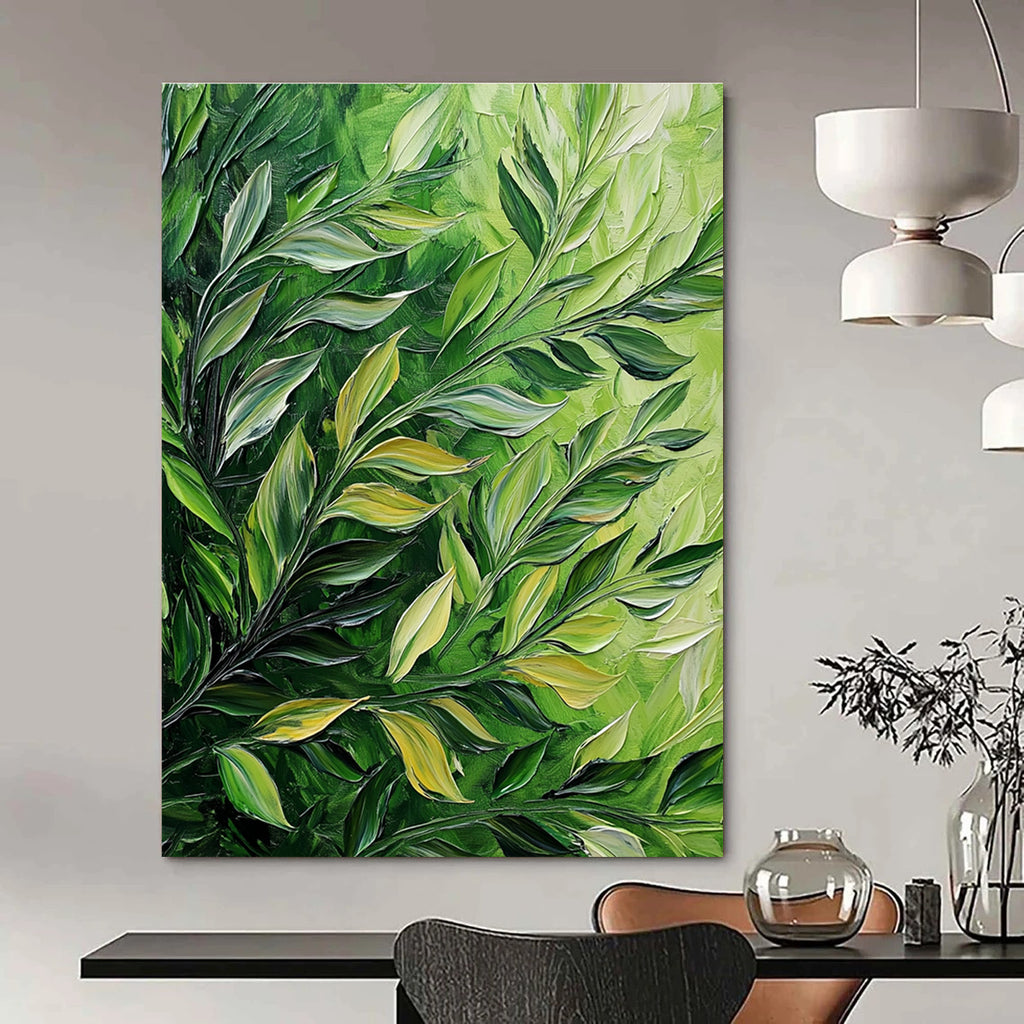 Huge abstract painting featuring thick brush strokes of green leaves on a dark background showcasing detailed foliage in acrylic and oil.STSC1130