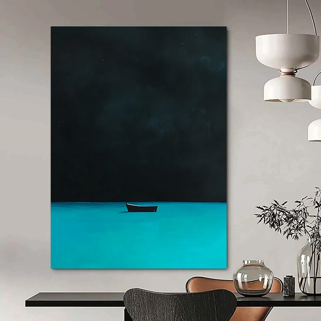 A large abstract painting depicting a distant boat on turquoise waters under a night sky inspired by David Hockney's style.STSC1198