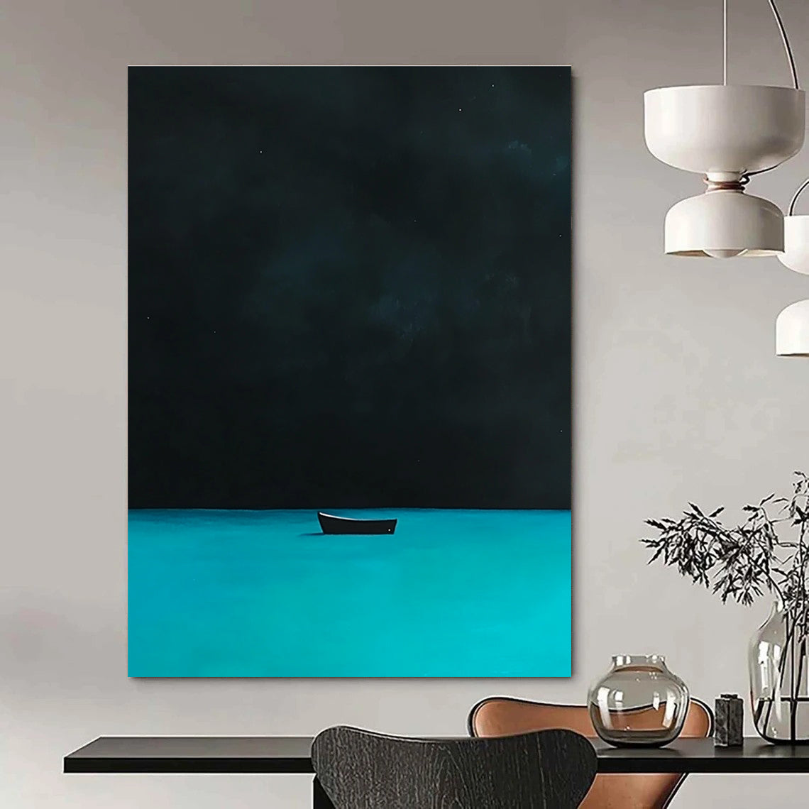 A large abstract painting depicting a distant boat on turquoise waters under a night sky inspired by David Hockney's style.STSC1198