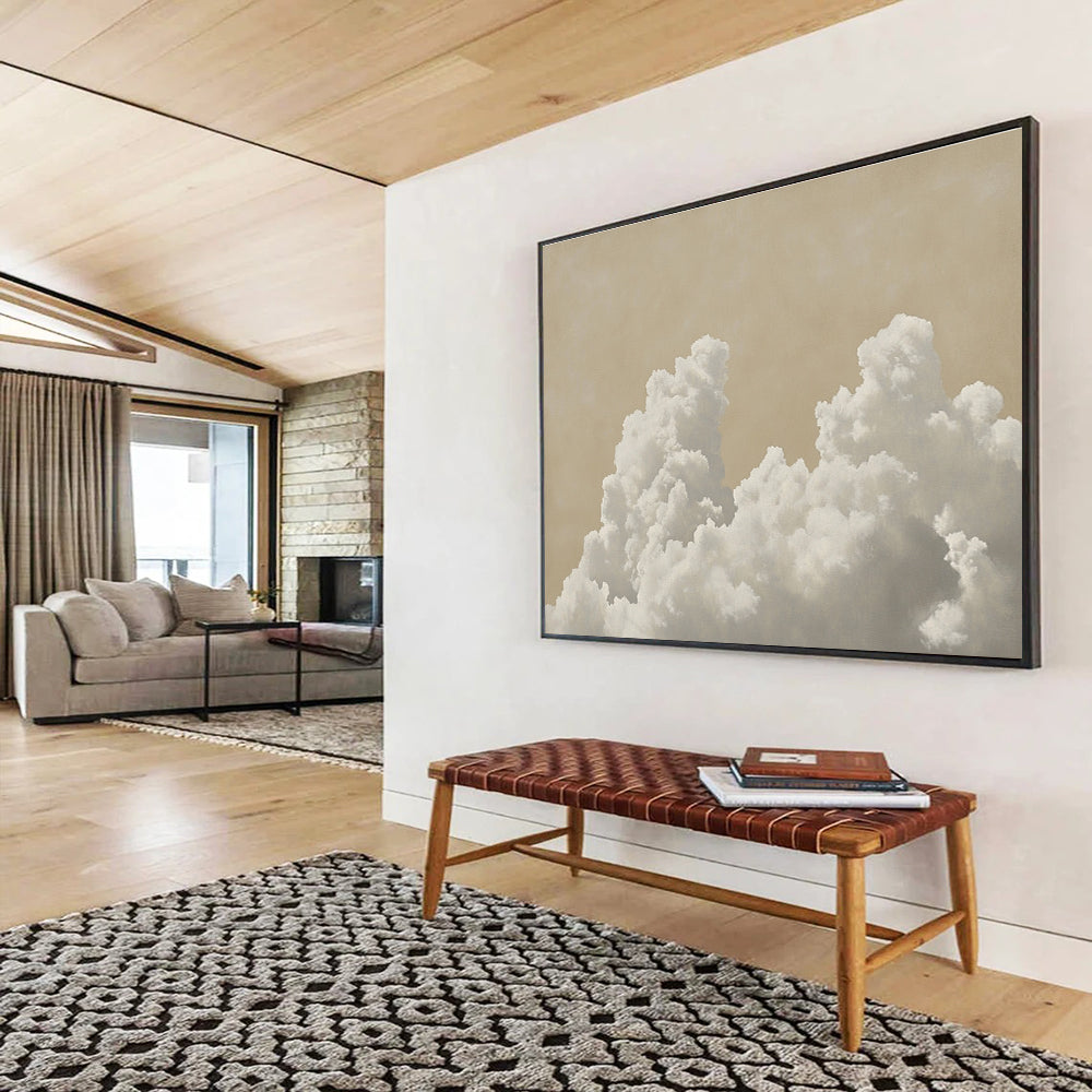 A large abstract painting featuring a cloud of white clouds against a pale beige background with muted colors and ultra-realistic details.SC454
