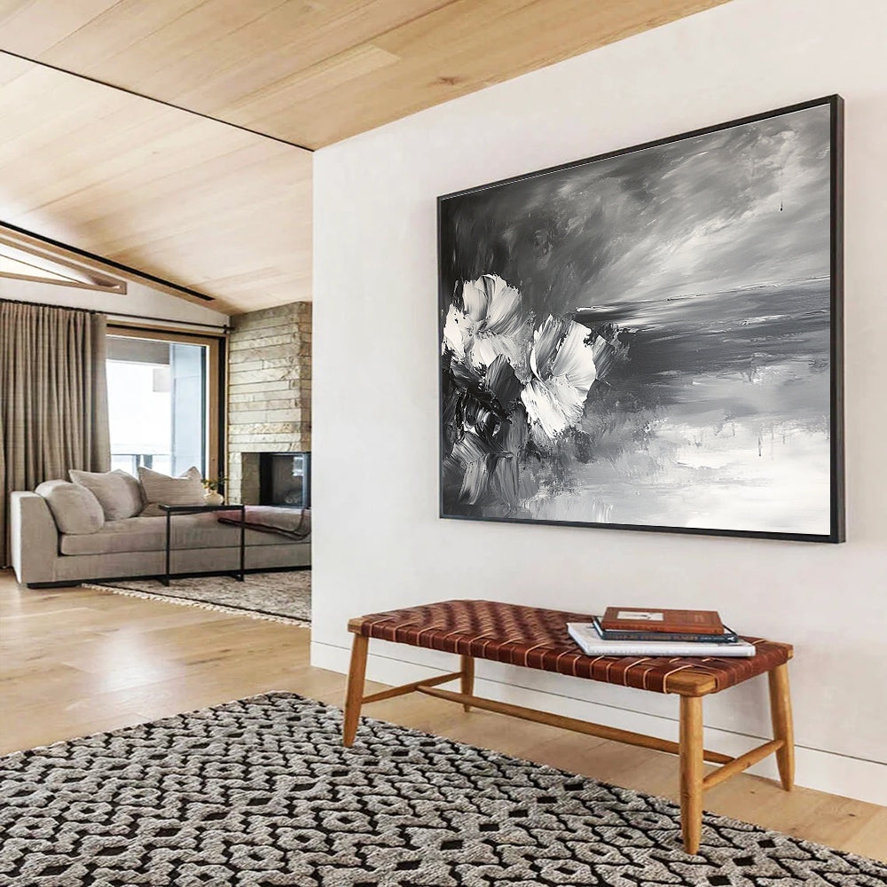 Black and White Flower and Sea Abstract Painting with Impasto Technique DYP177