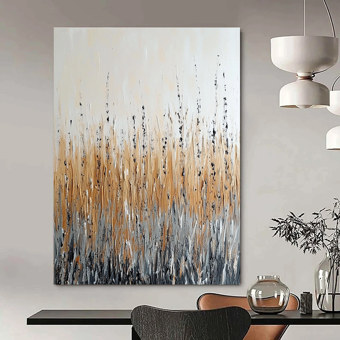 Large abstract painting depicting a field with tall grass in beige and grey tones featuring black accents and a rain effect on a white background.STSC284