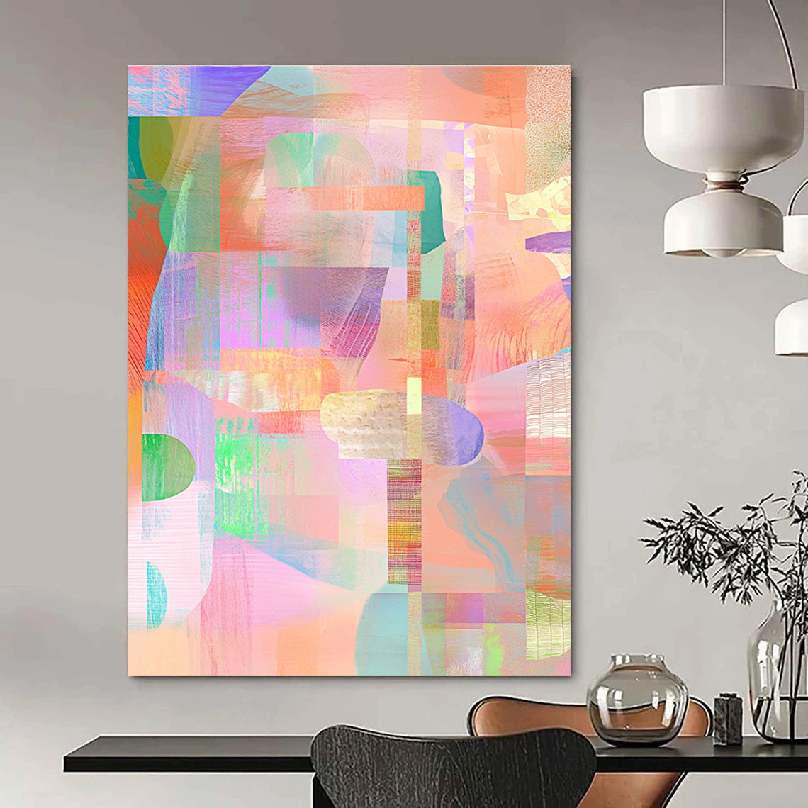 Large abstract illustration featuring a collage of shapes and patterns in pastel pink green orange blue and purple tones.STSC561