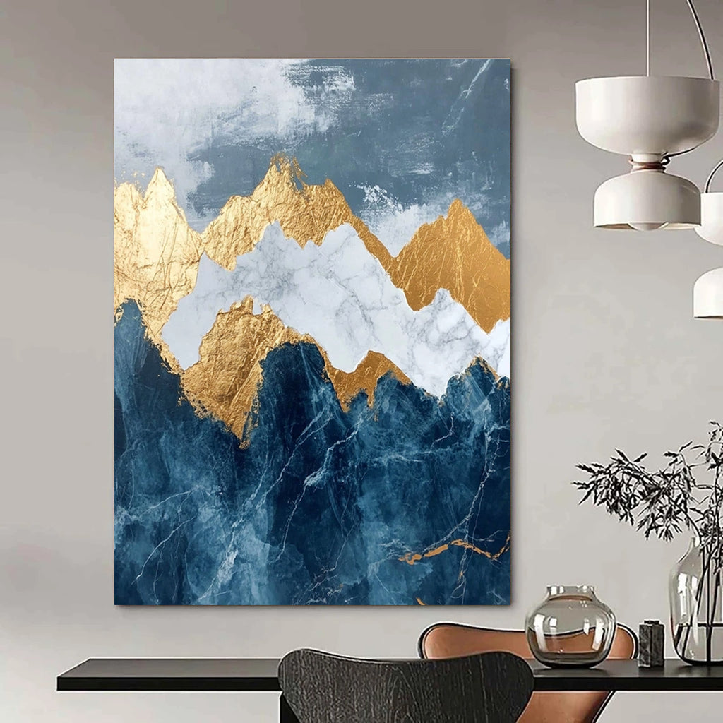 Abstract marble and gold leaf painting of mountains in dark blue and white features intricate details with stunning golden accents.STSC122