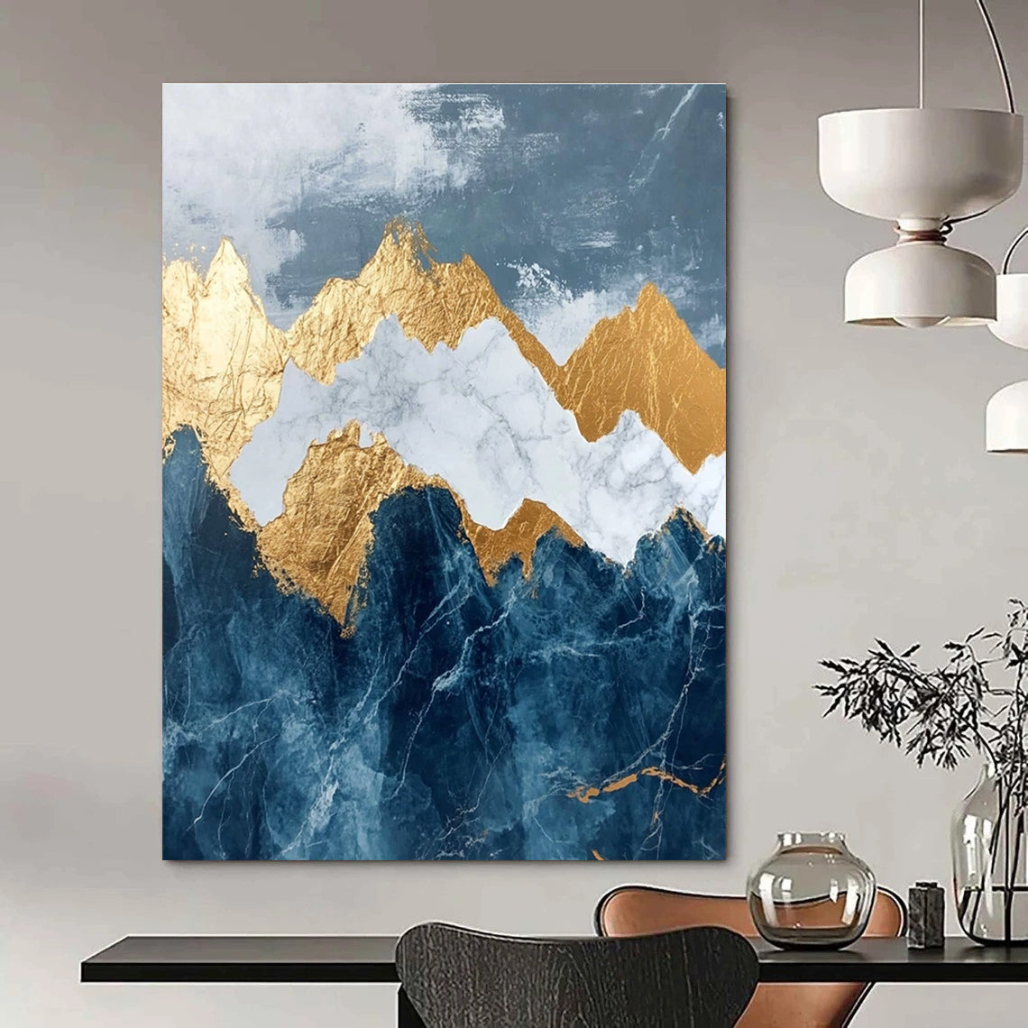 Abstract marble and gold leaf painting of mountains in dark blue and white features intricate details with stunning golden accents.STSC122