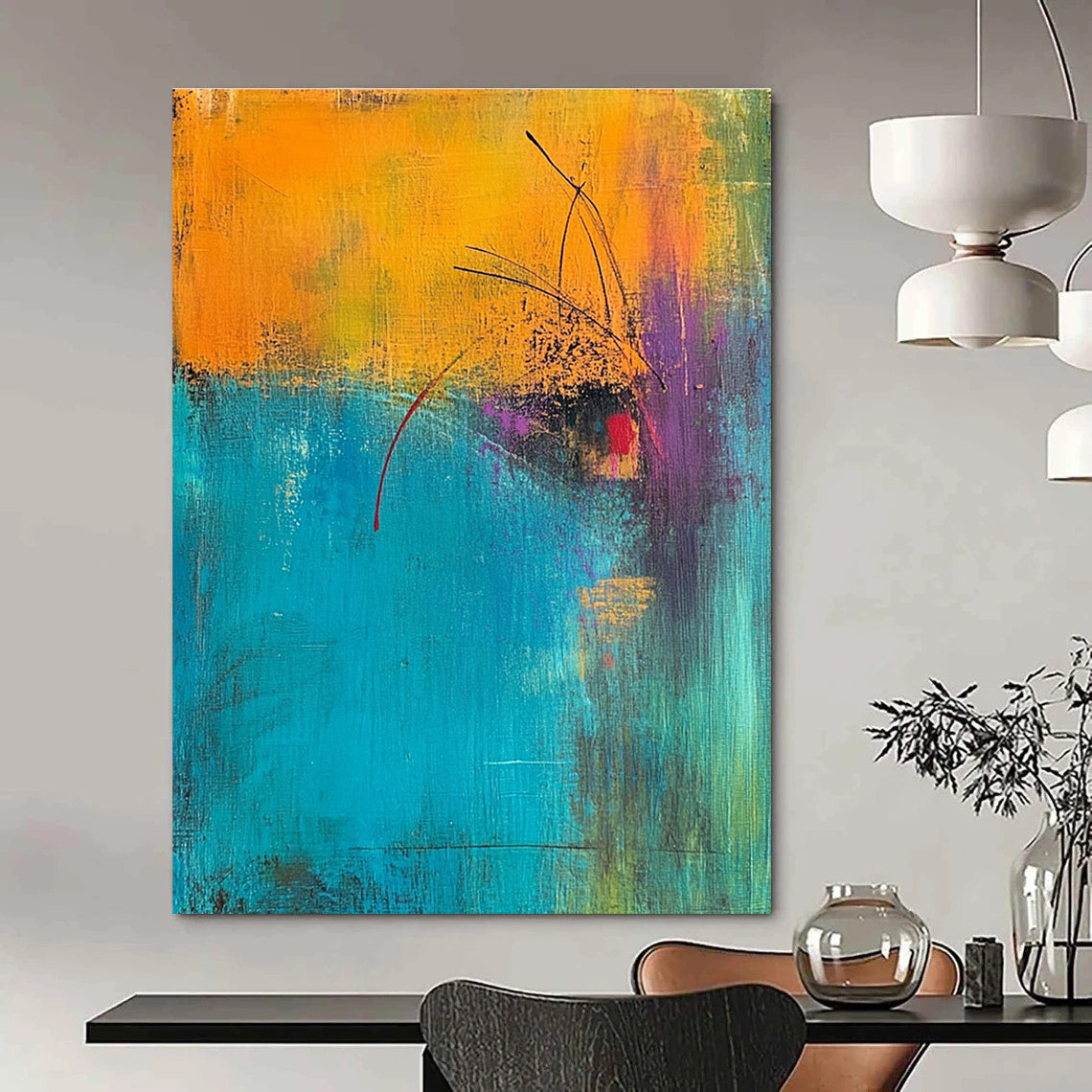 Abstract painting featuring a turquoise and amber background with magenta highlights and an orange foreground accented in yellow green and blue.STSC405