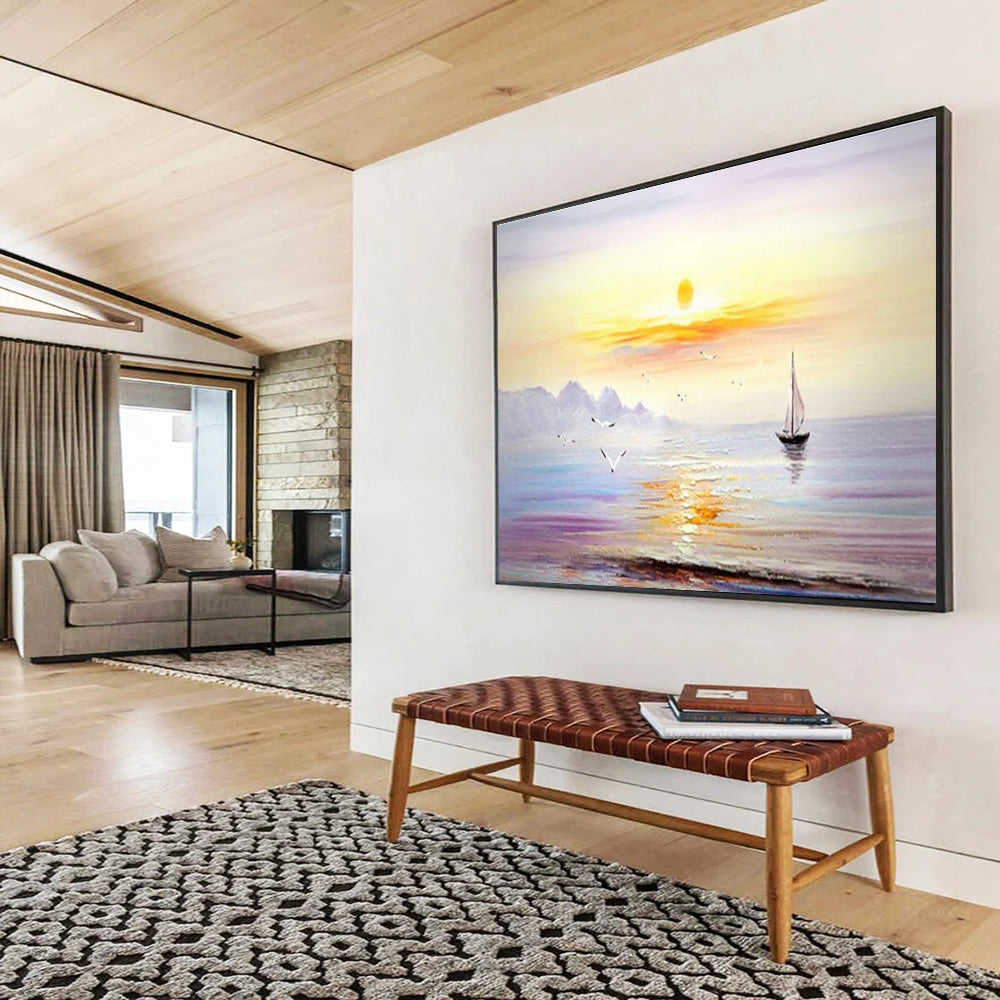 Sunset Sea Sail Abstract Painting with Orange, Purple, and Blue Tones THY181