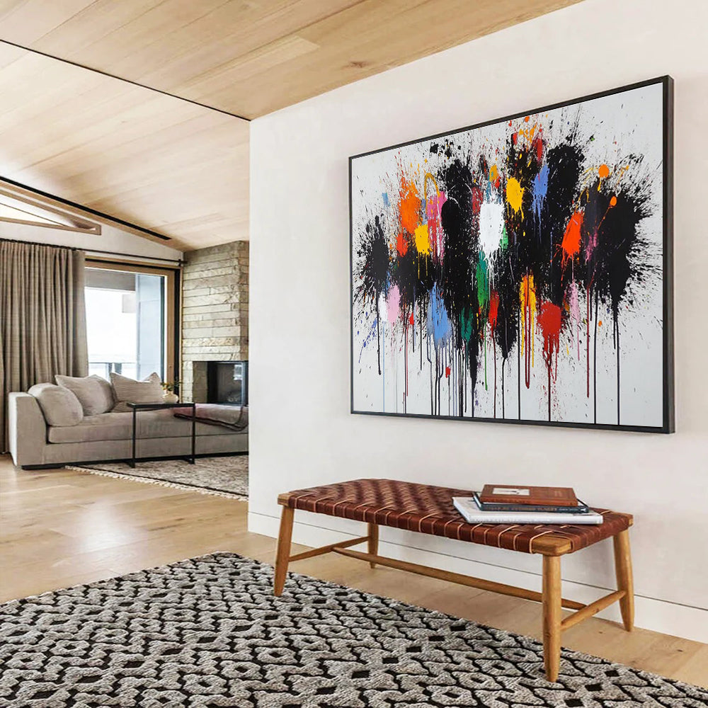 Color Splash Abstract Painting with Black, Colorful Drips THY193