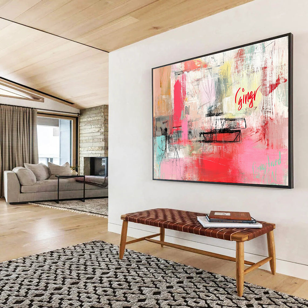 Large abstract painting featuring a dynamic pink and red color palette, organic shapes, blurred imagery, and bold text reading ginger in cursive script.SC275