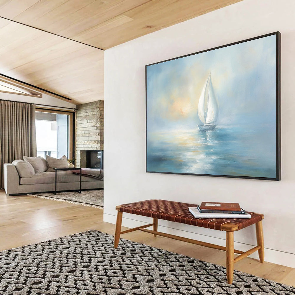 Light Blue Sailboat Abstract Painting with a Hazy Sky DYP138