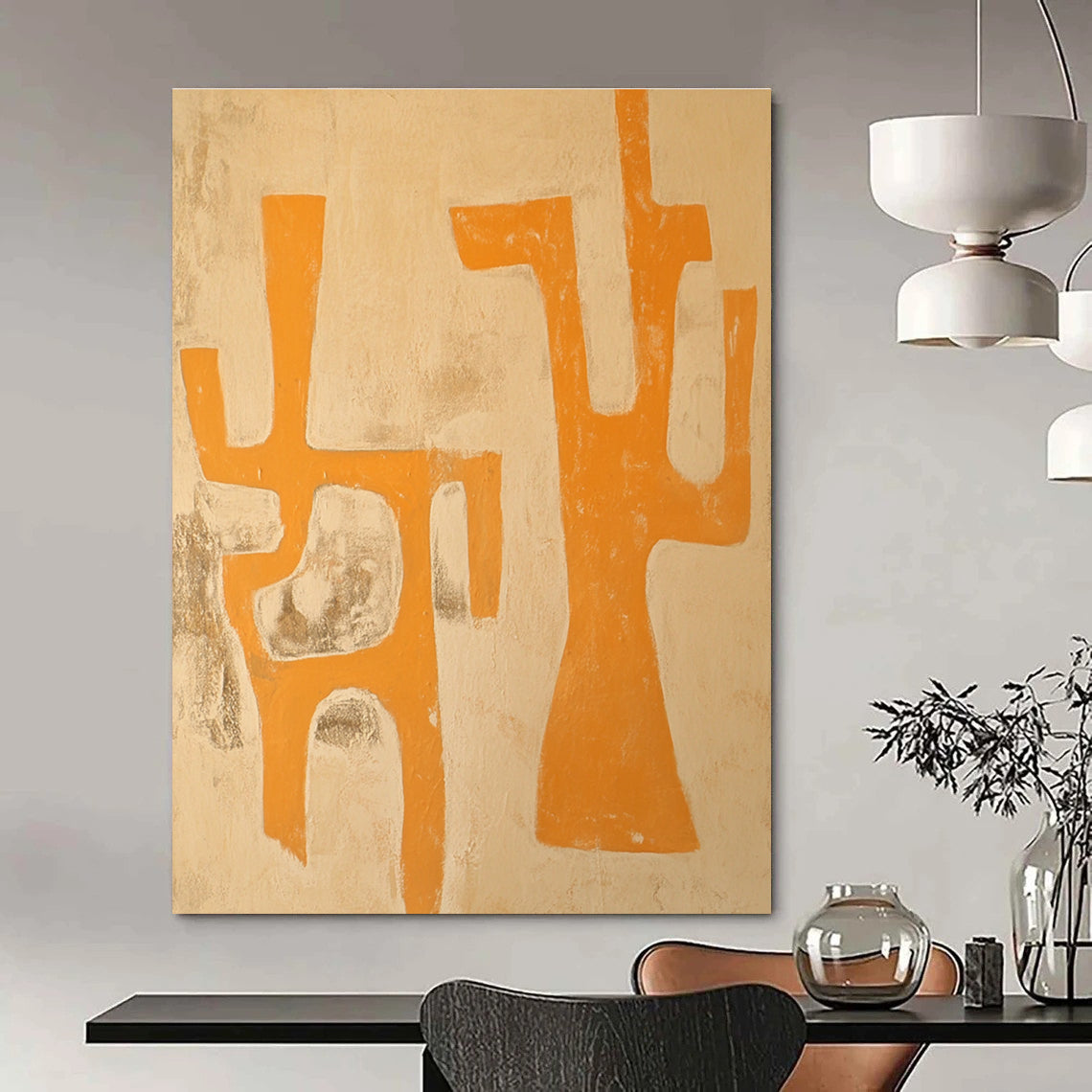 Large abstract painting featuring an animal in light orange and beige tones with primitive figures capturing Jean-Paul Riopelle's unique style.STSC1109