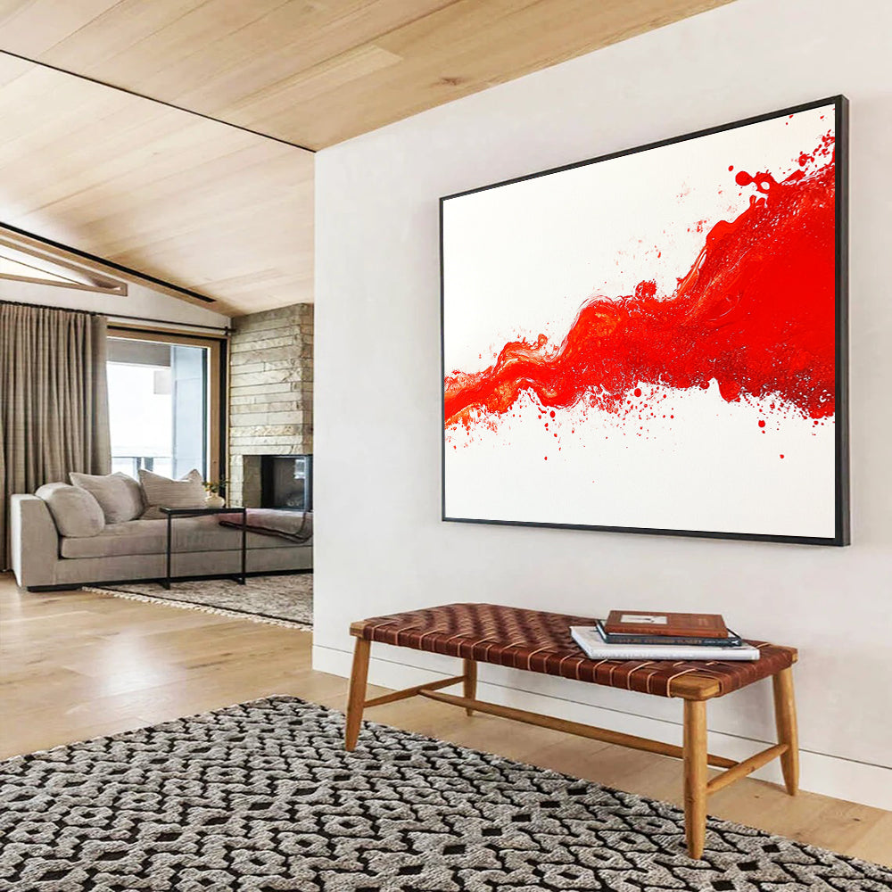 Large abstract painting featuring a vibrant crimson wave flowing across a white canvas with dynamic splashes capturing fluidity and energy.SC039