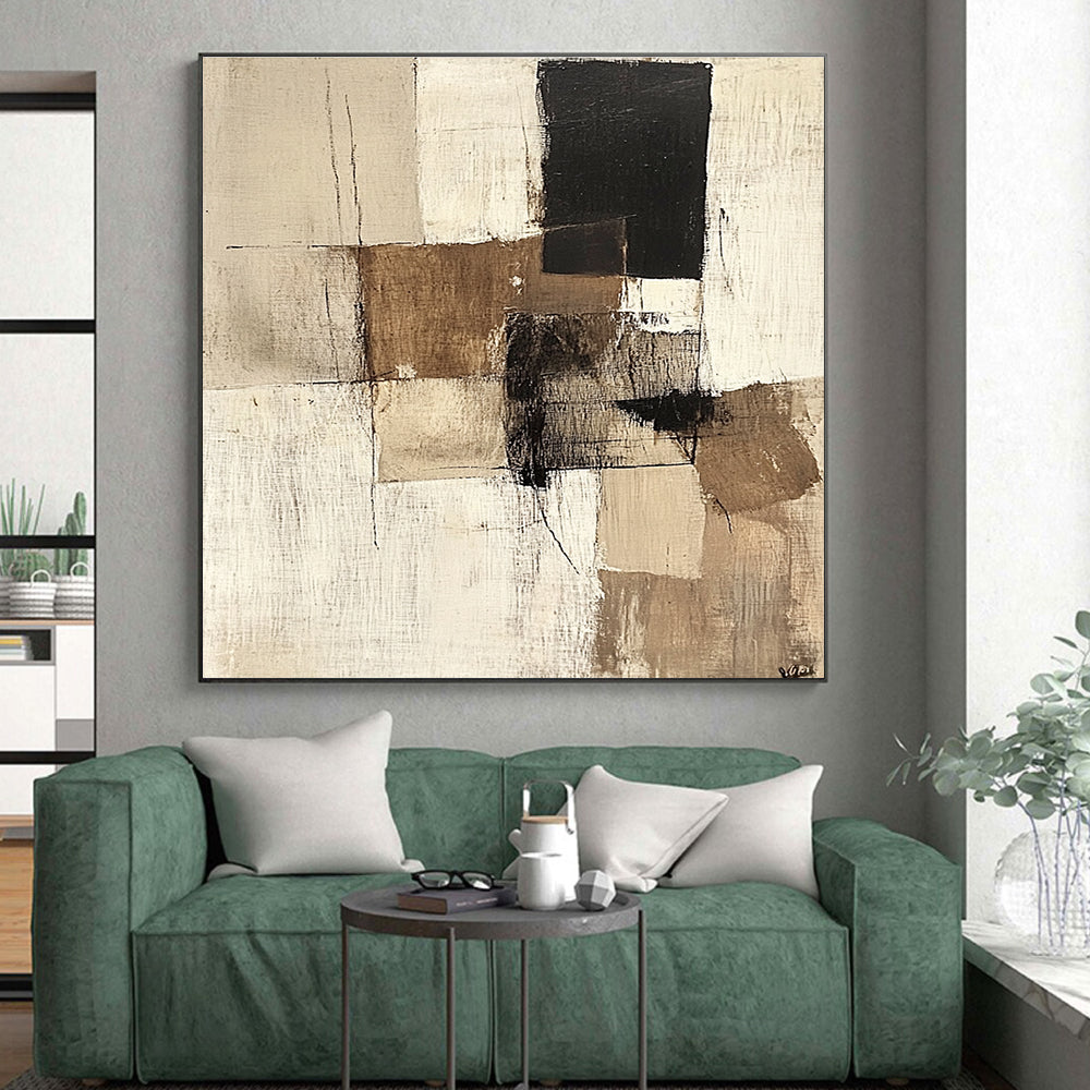 Beige Black Minimalist Abstract Painting with Subtle Lines GER774
