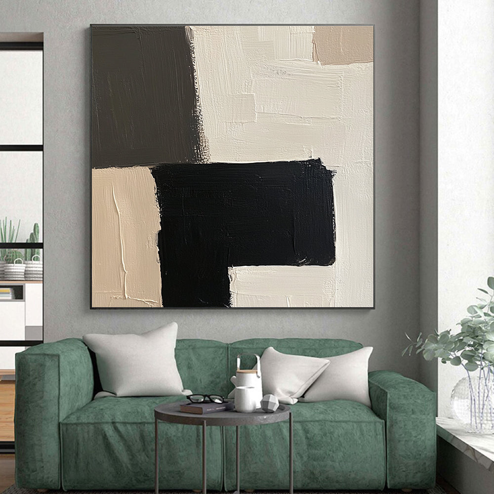 Black White and Beige Abstract Painting with Geometric Forms GER502
