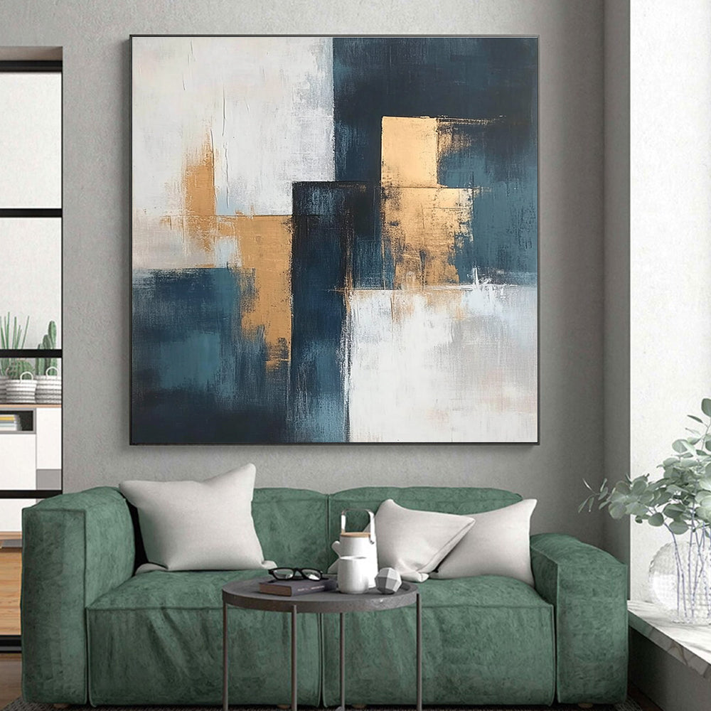 Teal and Gold Abstract Painting with Geometric Elegance GER374