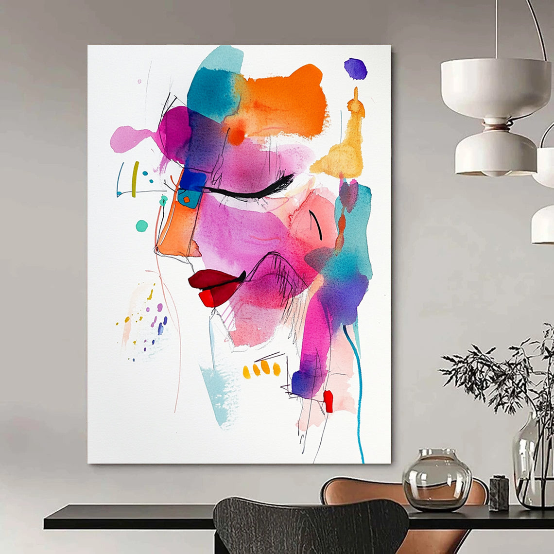 A large abstract painting featuring vibrant colors and loose brushstrokes, highlighting a whimsical face in a contemporary minimalist style.STSC1194