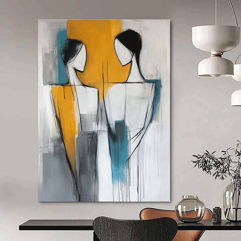 Abstract modern painting featuring two figures in yellow gray and blue colors showcasing contemporary art style.STSC135