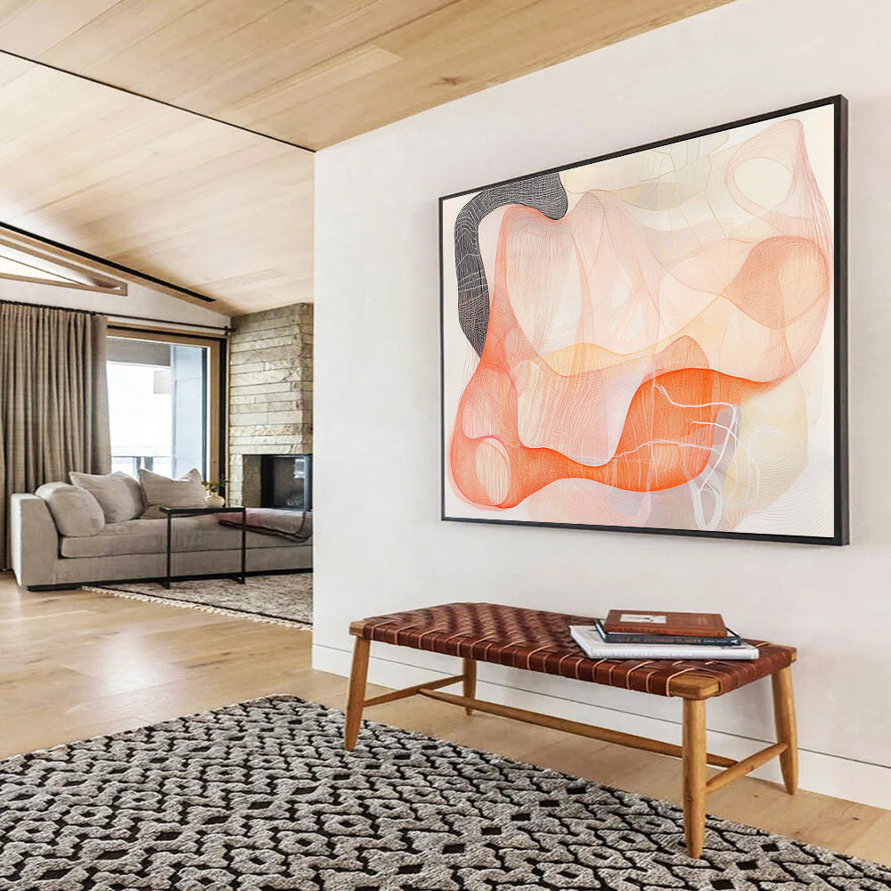 Large abstract artwork featuring delicate orange and pink threads with a black ink outline suggesting women's forms against a white background, evoking calm and elegance.SC304