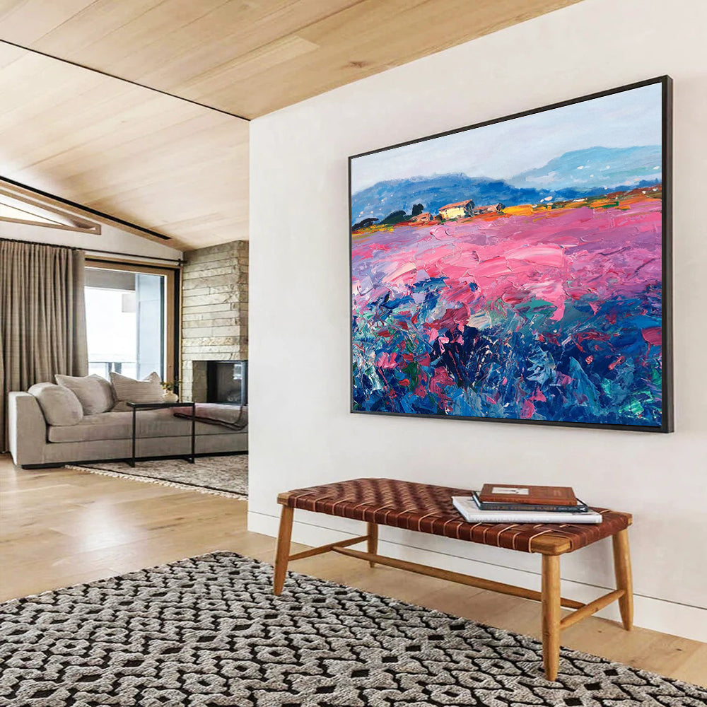 Pink Field with Houses Abstract Painting THY450