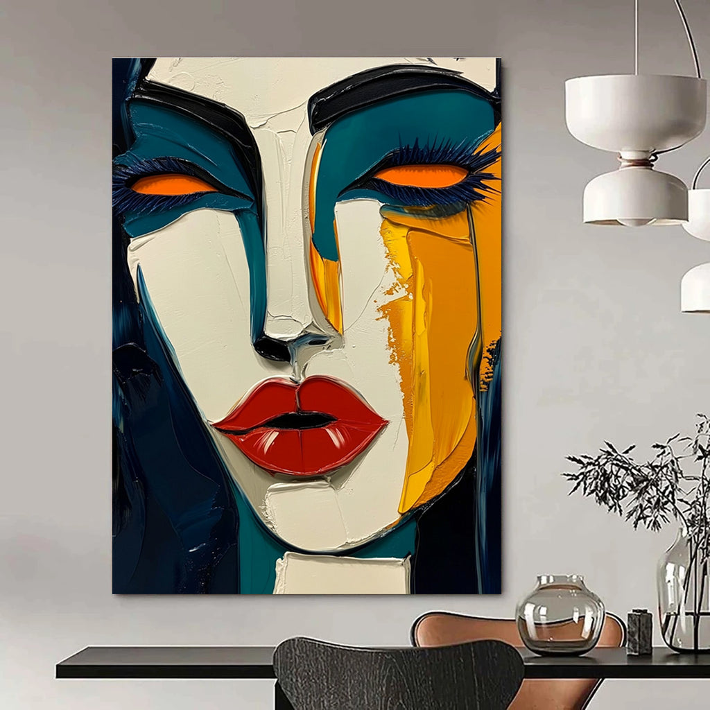 Large abstract painting in Picasso style featuring dark blue and yellow hues with bold red lips and green skin tone on a white background.STSC049