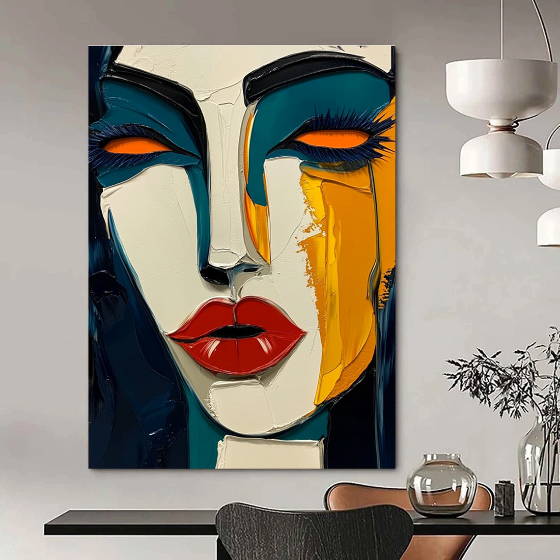 Large abstract painting in Picasso style featuring dark blue and yellow hues with bold red lips and green skin tone on a white background.STSC049