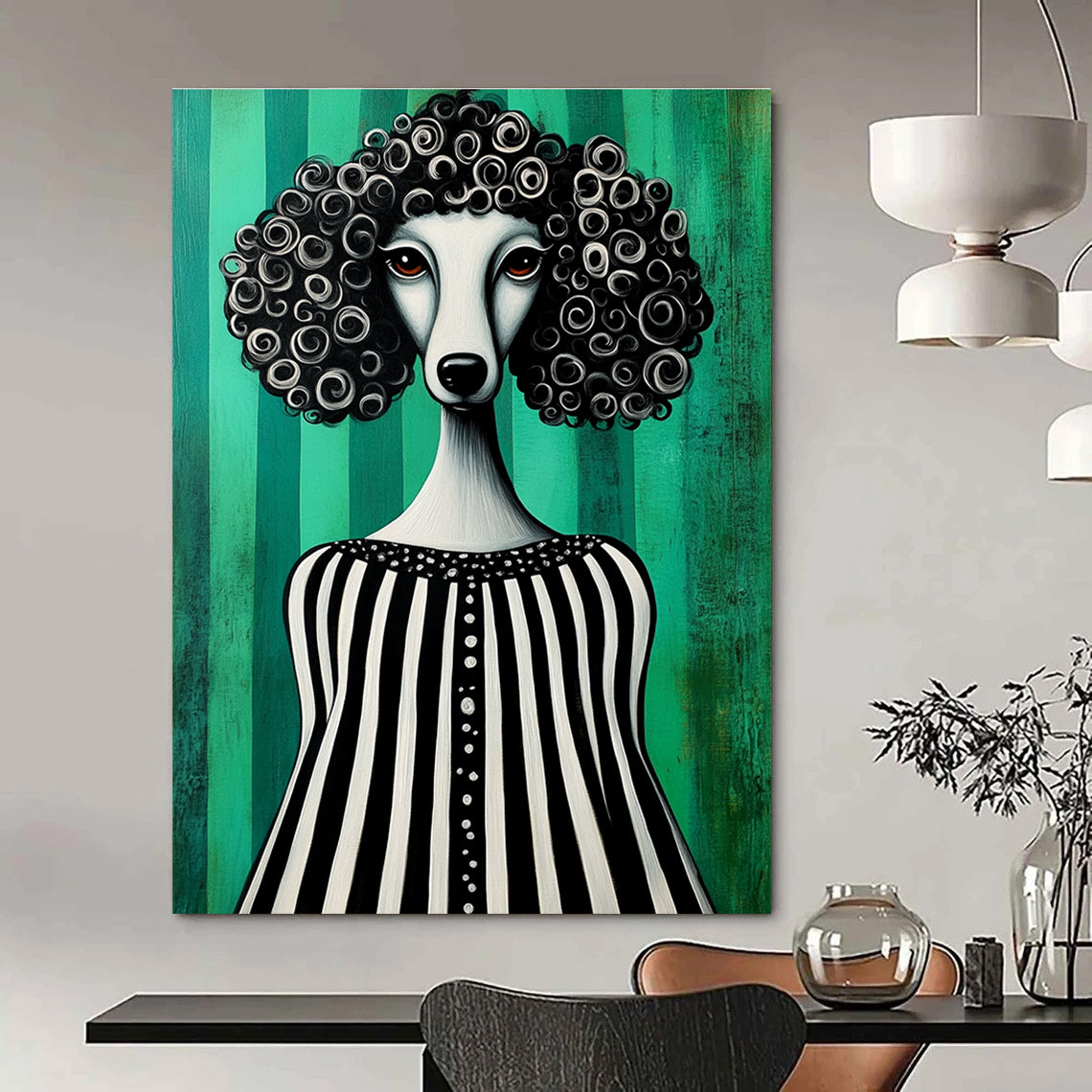 A whimsical folk art painting featuring a poodle in a black and white striped dress against a vibrant green background.STSC1001