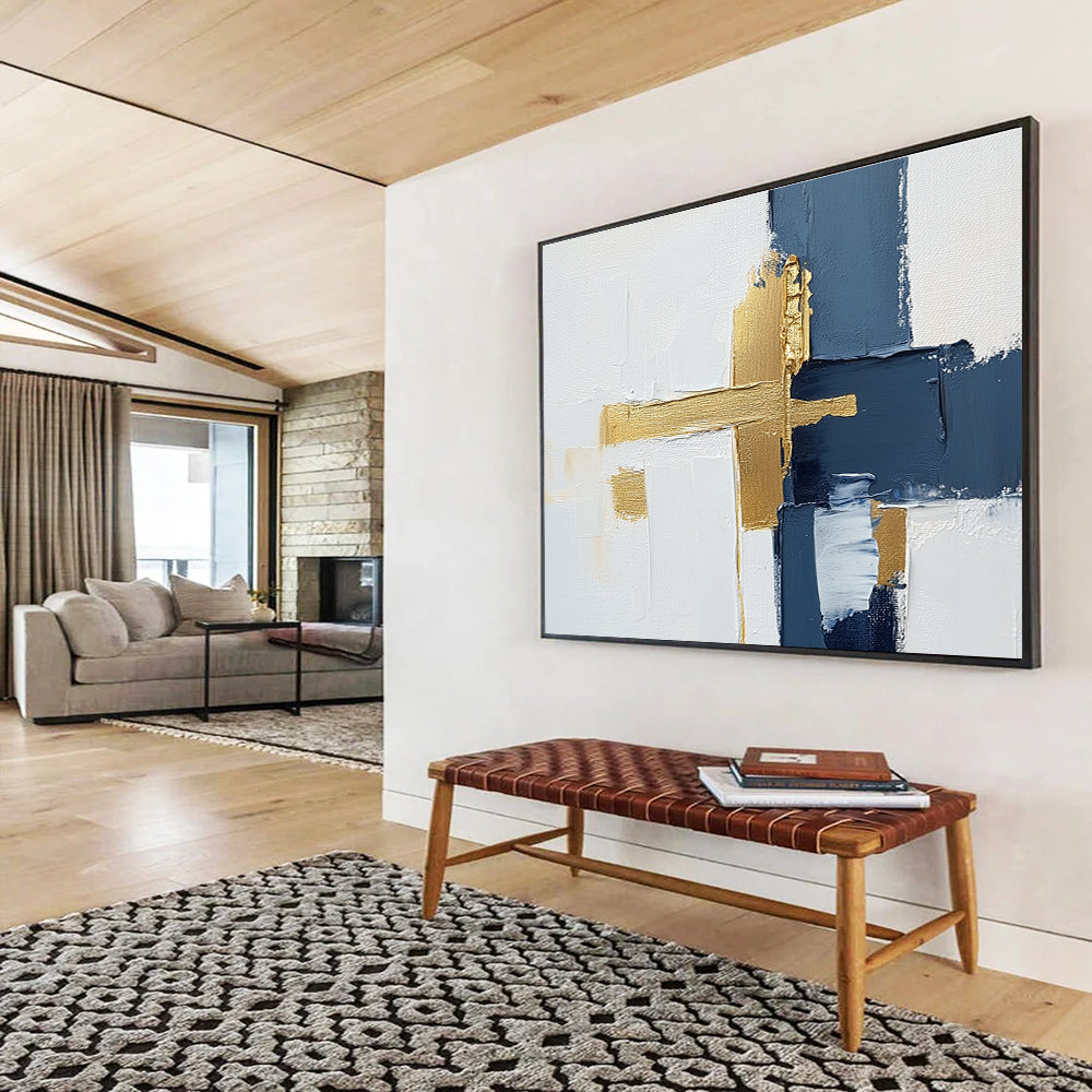 Navy Gold White Abstract Painting with Textured Cross Design DYP426