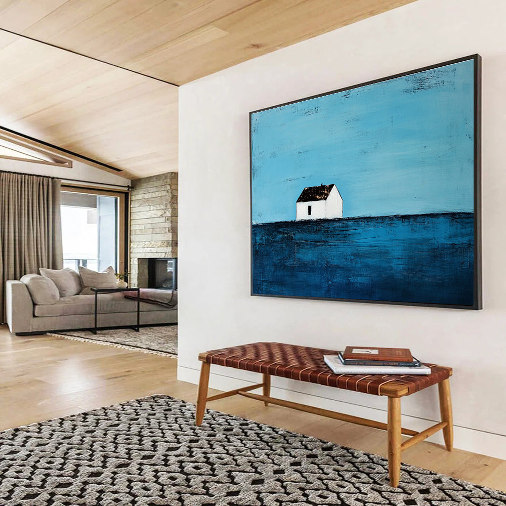 Blue and White Abstract Painting of a Solitary House DYP144