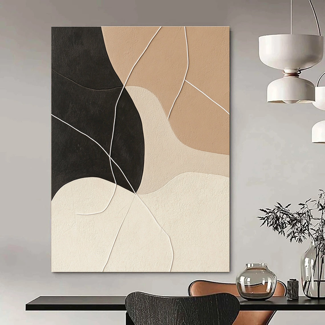 Large abstract painting in beige and black with interconnected white strings for a striking and modern artistic statement.STSC468