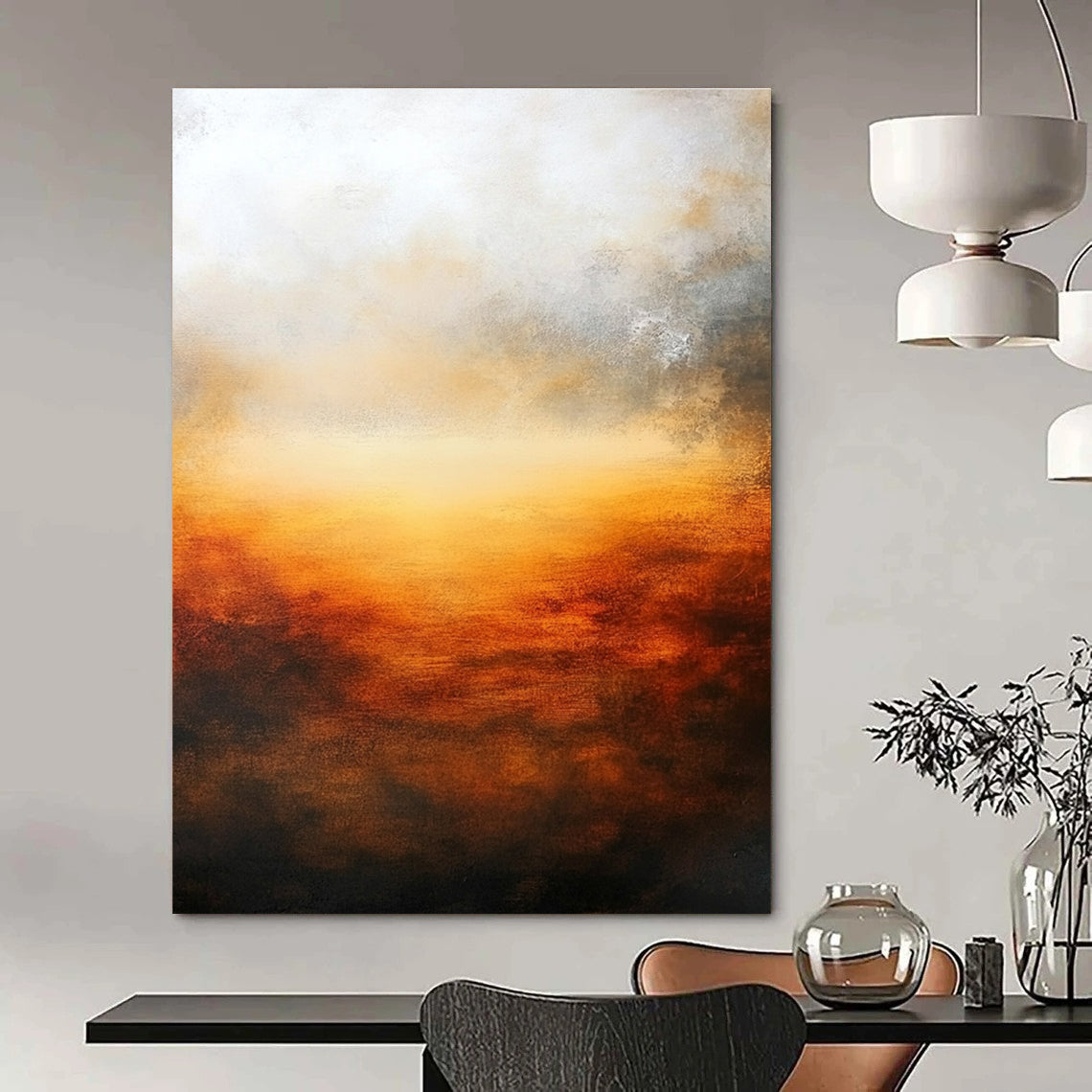 Large abstract oil painting featuring atmospheric sunset in muted earth tones and deep orange with a serene minimalist composition.STSC585