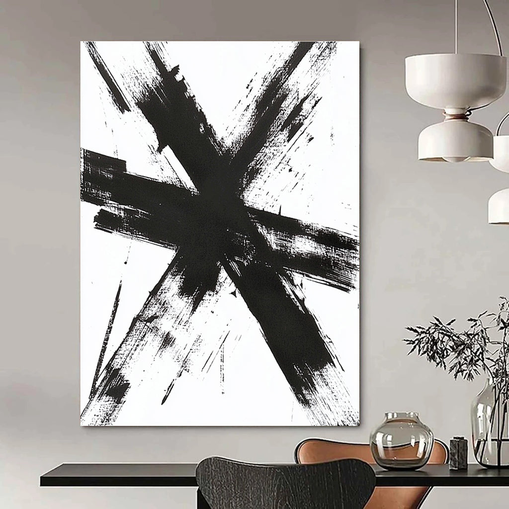 Large abstract artwork featuring thick messy black brush strokes forming a cross shape with detailed textures evoking emotions and energy.STSC1243