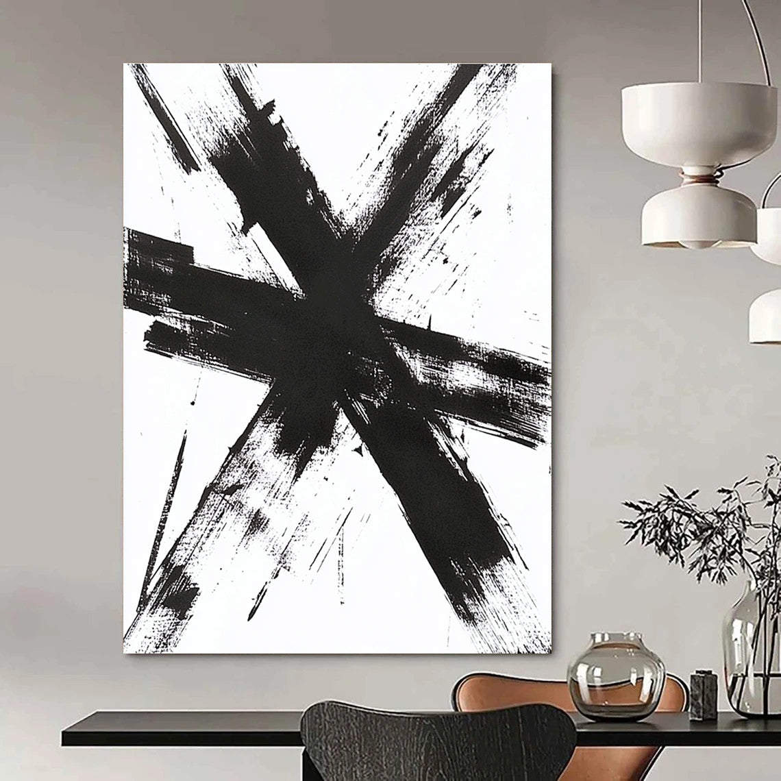 Large abstract artwork featuring thick messy black brush strokes forming a cross shape with detailed textures evoking emotions and energy.STSC1243